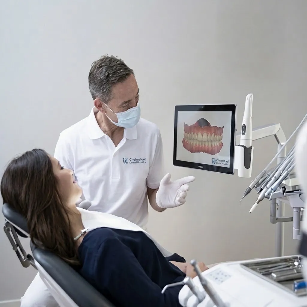 Dentist at Chelmsford Dental Practice showing a patient her 3D dental scan on a chairside screen